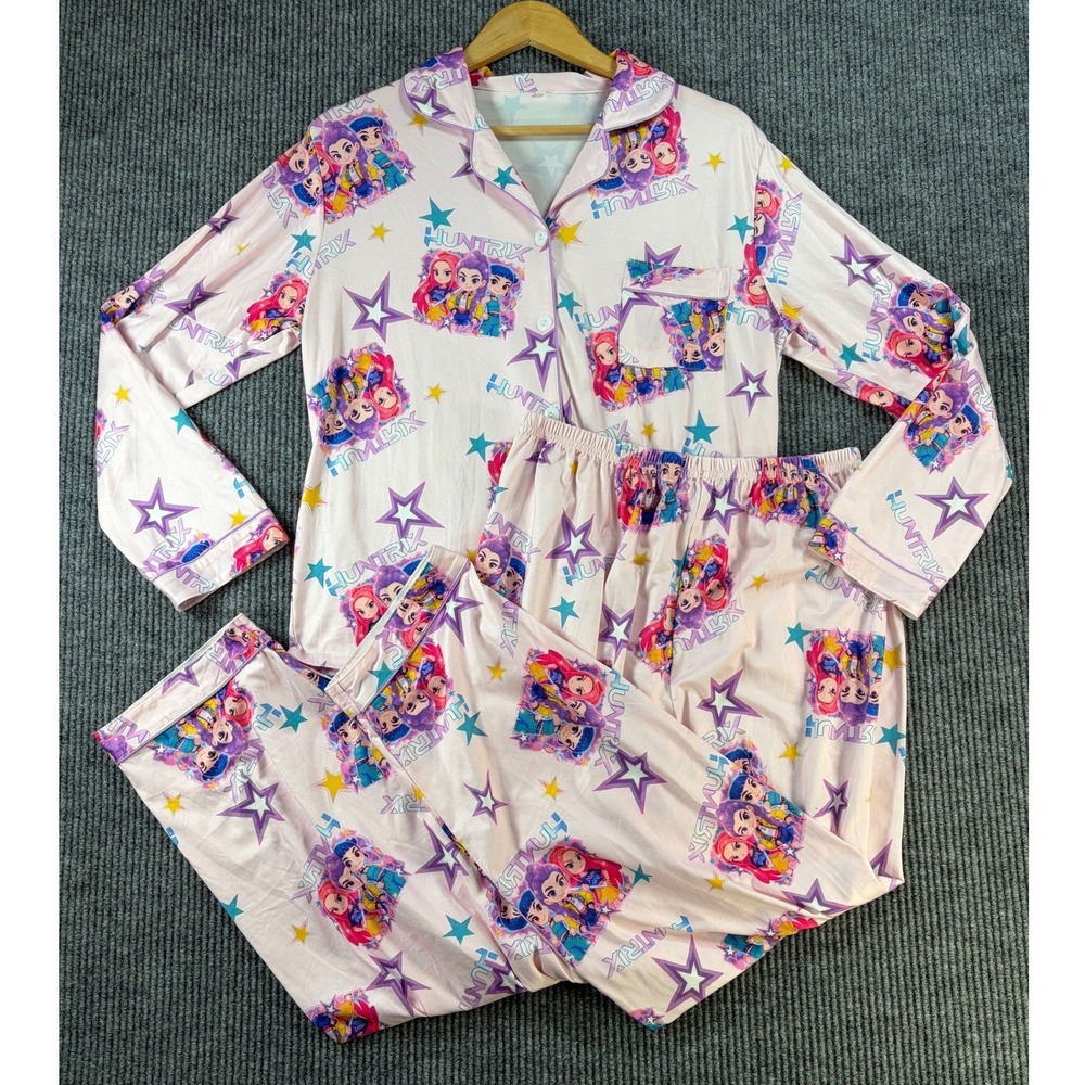 Huntrix Womens Graphic Print Pink Pajama Set Large Sleepwear 2 Piece K Pop Anime